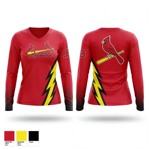Womens Long Sleeve Vneck Shirt, Michigan Redbirds, Baseball, Teamtime, Team time, sublimation, custom sports apparel, team uniforms, spirit wear, spiritwear, sports uniforms, custom shirts, team store, custom team store, fundraiser sports, apparel fundraiser