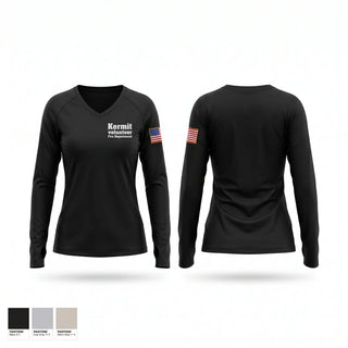 Womens Long Sleeve Vneck Shirt, Kermit volunteer Fire Department, Fire Department, Teamtime, Team time, sublimation, custom sports apparel, team uniforms, spirit wear, spiritwear, sports uniforms, custom shirts, team store, custom team store, fundraiser sports, apparel fundraiser