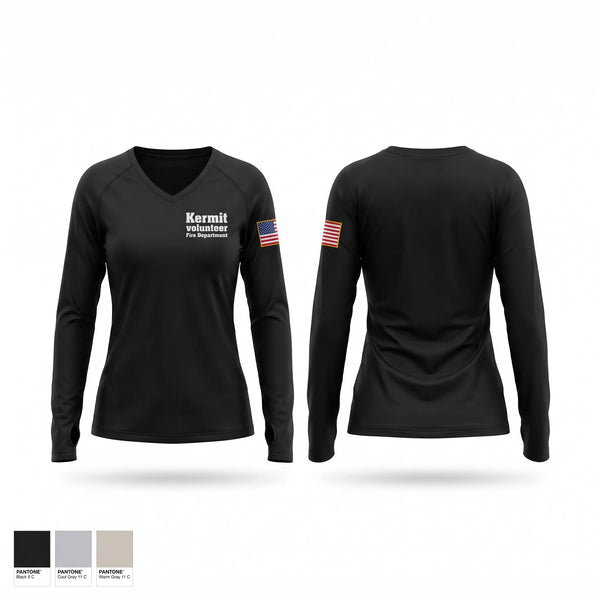 Womens Long Sleeve Vneck Shirt, Kermit volunteer Fire Department, Fire Department, Teamtime, Team time, sublimation, custom sports apparel, team uniforms, spirit wear, spiritwear, sports uniforms, custom shirts, team store, custom team store, fundraiser sports, apparel fundraiser