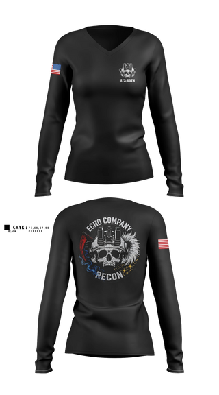 Womens Long Sleeve Vneck Shirt, ECHO COMPANY, 3-60TH IN, Army, Teamtime, Team time, sublimation, custom sports apparel, team uniforms, spirit wear, spiritwear, sports uniforms, custom shirts, team store, custom team store, fundraiser sports, apparel fundraiser