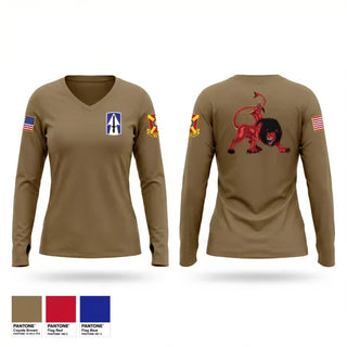 Womens Long Sleeve Vneck Shirt, Charlie’s Battery 1st Battalion 163rd Field Artillery Division, National Guard, Teamtime, Team time, sublimation, custom sports apparel, team uniforms, spirit wear, spiritwear, sports uniforms, custom shirts, team store, custom team store, fundraiser sports, apparel fundraiser