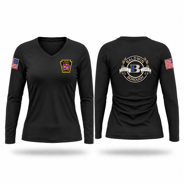 Womens Long Sleeve Vneck Shirt, Baldwin Borough Police Department, Police, Teamtime, Team time, sublimation, custom sports apparel, team uniforms, spirit wear, spiritwear, sports uniforms, custom shirts, team store, custom team store, fundraiser sports, apparel fundraiser