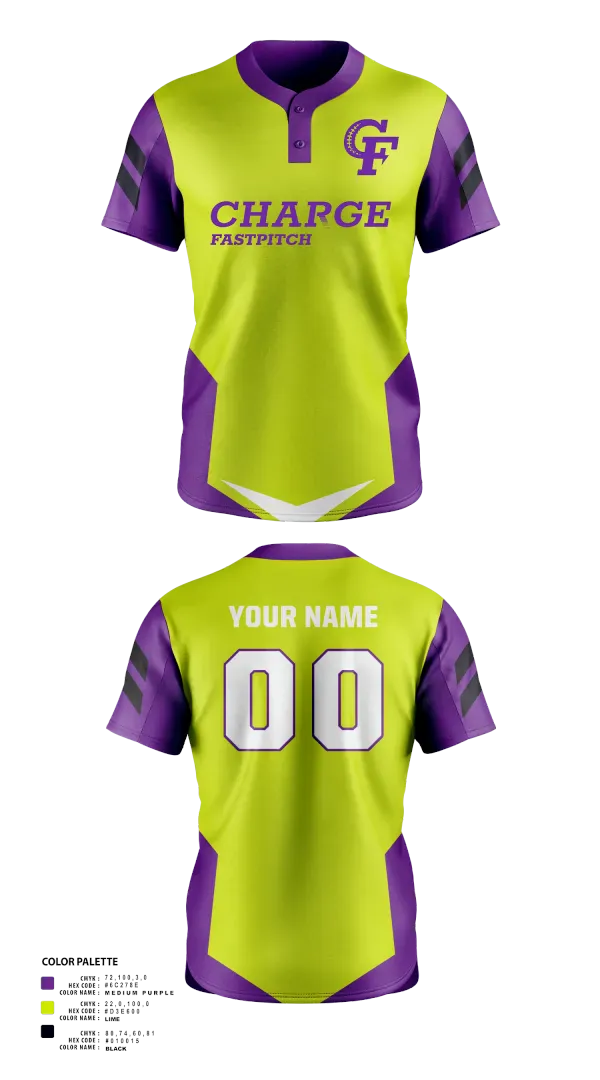 Two Button Softball Jersey, Charge Fastpitch, Softball, Teamtime, Team time, sublimation, custom sports apparel, team uniforms, spirit wear, spiritwear, sports uniforms, custom shirts, team store, custom team store, fundraiser sports, apparel fundraiser