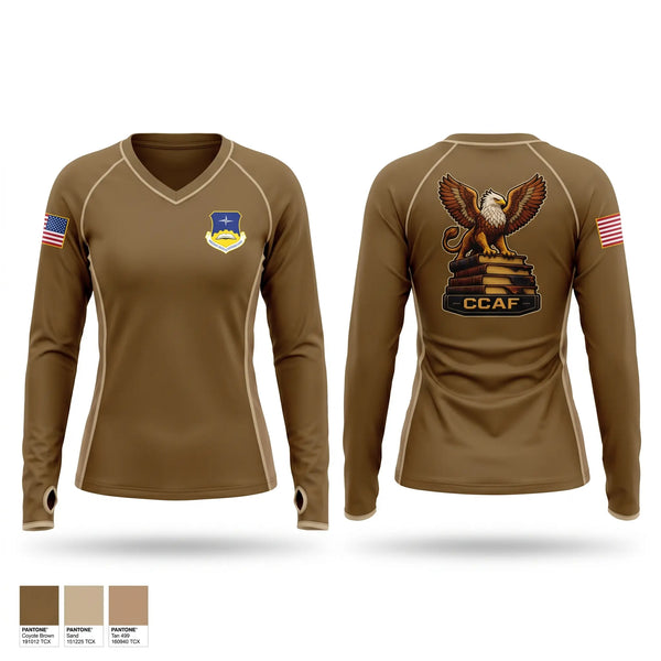 Womens Long Sleeve Vneck Shirt, CCAF, Air Force, Teamtime, Team time, sublimation, custom sports apparel, team uniforms, spirit wear, spiritwear, sports uniforms, custom shirts, team store, custom team store, fundraiser sports, apparel fundraiser