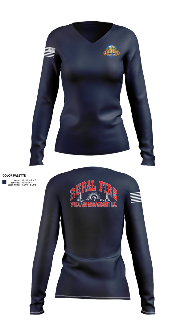 Womens Long Sleeve Vneck Shirt, Rural fire wildland management LLC, Fire Department, Teamtime, Team time, sublimation, custom sports apparel, team uniforms, spirit wear, spiritwear, sports uniforms, custom shirts, team store, custom team store, fundraiser sports, apparel fundraiser