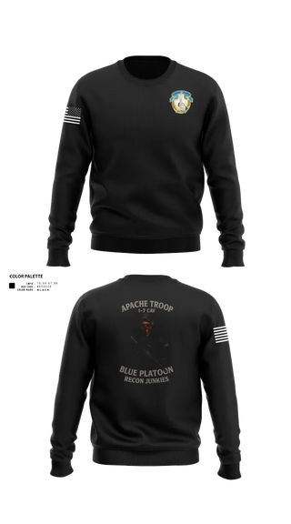 Crew Neck Sweatshirt, 1-7 Cavlary Division Apache Troop Blue Platoon Recon Junkies, Army, Teamtime, Team time, sublimation, custom sports apparel, team uniforms, spirit wear, spiritwear, sports uniforms, custom shirts, team store, custom team store, fundraiser sports, apparel fundraiser