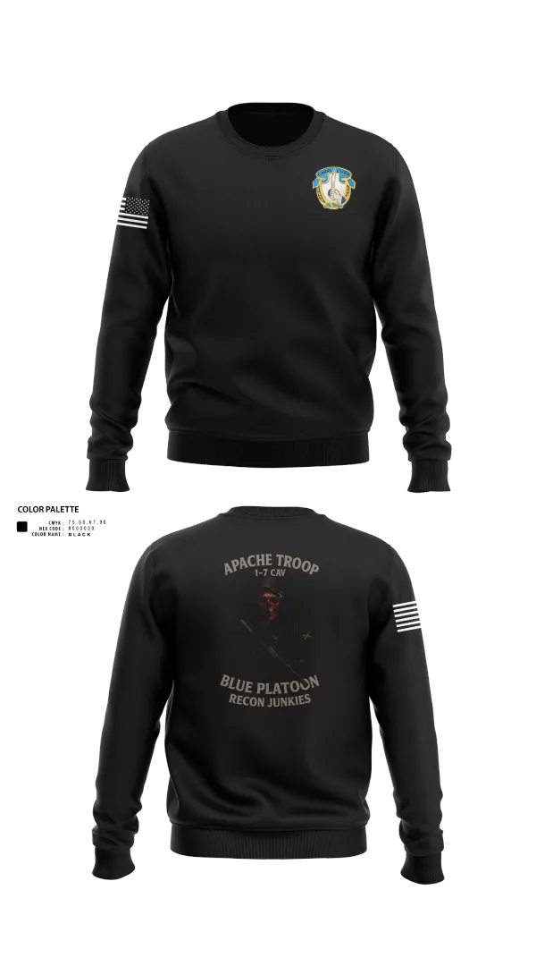 Crew Neck Sweatshirt, 1-7 Cavlary Division Apache Troop Blue Platoon Recon Junkies, Army, Teamtime, Team time, sublimation, custom sports apparel, team uniforms, spirit wear, spiritwear, sports uniforms, custom shirts, team store, custom team store, fundraiser sports, apparel fundraiser