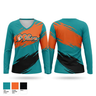 Womens Long Sleeve Vneck Shirt, WAVE, Baseball, Teamtime, Team time, sublimation, custom sports apparel, team uniforms, spirit wear, spiritwear, sports uniforms, custom shirts, team store, custom team store, fundraiser sports, apparel fundraiser