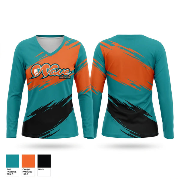 Womens Long Sleeve Vneck Shirt, WAVE, Baseball, Teamtime, Team time, sublimation, custom sports apparel, team uniforms, spirit wear, spiritwear, sports uniforms, custom shirts, team store, custom team store, fundraiser sports, apparel fundraiser
