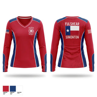 Womens Long Sleeve Vneck Shirt, Fulshear Simonton FD, Fire Department, Teamtime, Team time, sublimation, custom sports apparel, team uniforms, spirit wear, spiritwear, sports uniforms, custom shirts, team store, custom team store, fundraiser sports, apparel fundraiser