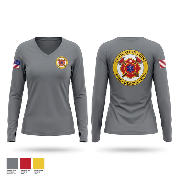 Womens Long Sleeve Vneck Shirt, Inspiration Point rural volunteer fire district, Fire Department, Teamtime, Team time, sublimation, custom sports apparel, team uniforms, spirit wear, spiritwear, sports uniforms, custom shirts, team store, custom team store, fundraiser sports, apparel fundraiser
