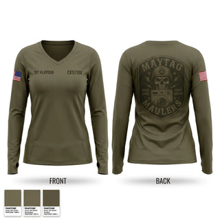 Womens Long Sleeve Vneck Shirt, Maytag Maulers, National Guard, Teamtime, Team time, sublimation, custom sports apparel, team uniforms, spirit wear, spiritwear, sports uniforms, custom shirts, team store, custom team store, fundraiser sports, apparel fundraiser