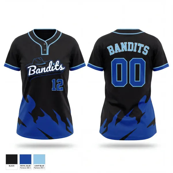 Two Button Softball Jersey, BANDITS, Softball, Teamtime, Team time, sublimation, custom sports apparel, team uniforms, spirit wear, spiritwear, sports uniforms, custom shirts, team store, custom team store, fundraiser sports, apparel fundraiser