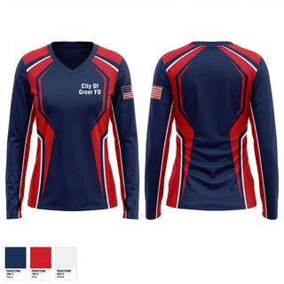 Womens Long Sleeve Vneck Shirt, City Of Greer FD, Fire Department, Teamtime, Team time, sublimation, custom sports apparel, team uniforms, spirit wear, spiritwear, sports uniforms, custom shirts, team store, custom team store, fundraiser sports, apparel fundraiser