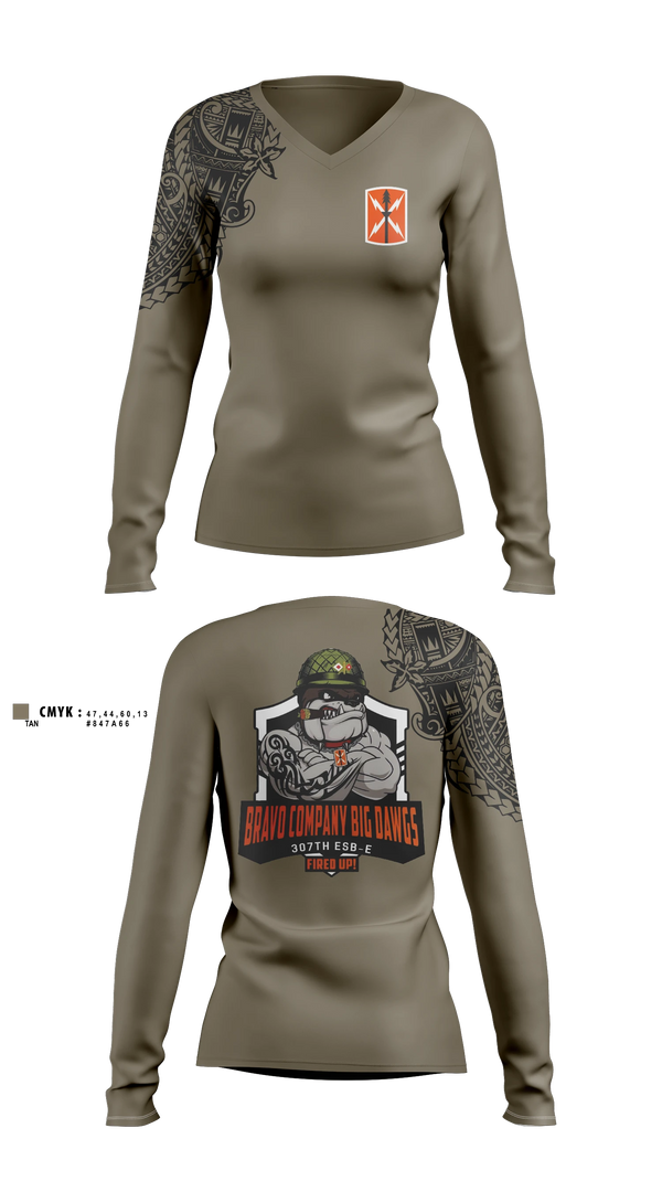 Womens Long Sleeve Vneck Shirt, Bravo 307th ESBE, Army, Teamtime, Team time, sublimation, custom sports apparel, team uniforms, spirit wear, spiritwear, sports uniforms, custom shirts, team store, custom team store, fundraiser sports, apparel fundraiser