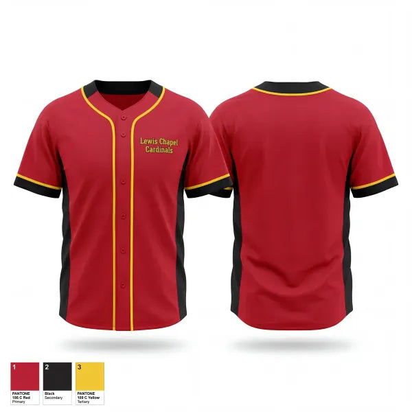 Full Button Baseball Jersey, Lewis Chapel Cardinals, Baseball, Teamtime, Team time, sublimation, custom sports apparel, team uniforms, spirit wear, spiritwear, sports uniforms, custom shirts, team store, custom team store, fundraiser sports, apparel fundraiser