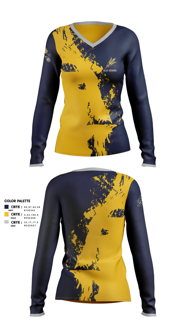 Womens Long Sleeve Vneck Shirt, Blue Demons, , Teamtime, Team time, sublimation, custom sports apparel, team uniforms, spirit wear, spiritwear, sports uniforms, custom shirts, team store, custom team store, fundraiser sports, apparel fundraiser
