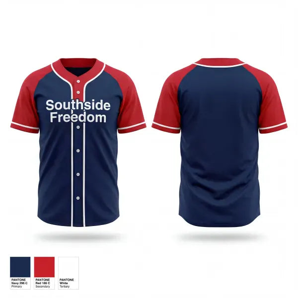 Full Button Baseball Jersey, Southside Freedom, Baseball, Teamtime, Team time, sublimation, custom sports apparel, team uniforms, spirit wear, spiritwear, sports uniforms, custom shirts, team store, custom team store, fundraiser sports, apparel fundraiser