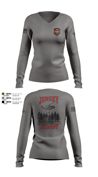Womens Long Sleeve Vneck Shirt, 1-171 MEDEVAC Dustoff, National Guard, Teamtime, Team time, sublimation, custom sports apparel, team uniforms, spirit wear, spiritwear, sports uniforms, custom shirts, team store, custom team store, fundraiser sports, apparel fundraiser