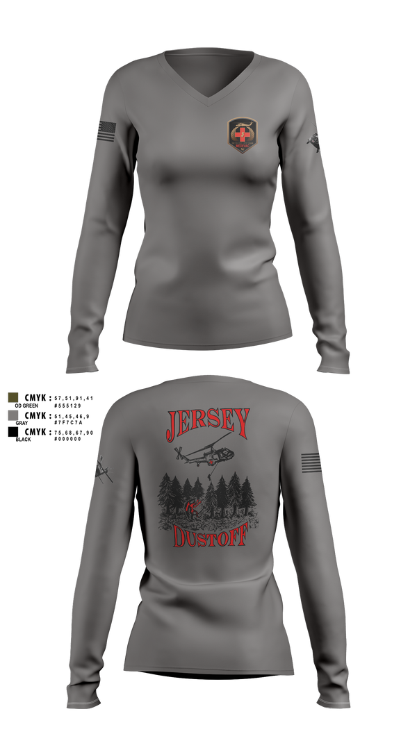 Womens Long Sleeve Vneck Shirt, 1-171 MEDEVAC Dustoff, National Guard, Teamtime, Team time, sublimation, custom sports apparel, team uniforms, spirit wear, spiritwear, sports uniforms, custom shirts, team store, custom team store, fundraiser sports, apparel fundraiser