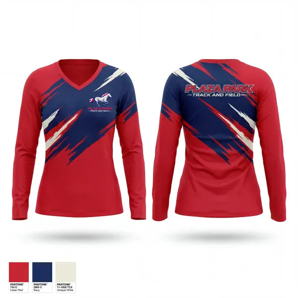 Womens Long Sleeve Vneck Shirt, Plaza Park, Track & Field, Teamtime, Team time, sublimation, custom sports apparel, team uniforms, spirit wear, spiritwear, sports uniforms, custom shirts, team store, custom team store, fundraiser sports, apparel fundraiser