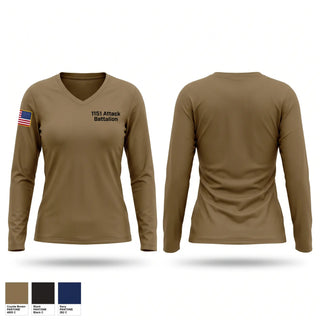 Womens Long Sleeve Vneck Shirt, 1-151 Attack Battalion, Army, Teamtime, Team time, sublimation, custom sports apparel, team uniforms, spirit wear, spiritwear, sports uniforms, custom shirts, team store, custom team store, fundraiser sports, apparel fundraiser