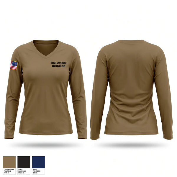 Womens Long Sleeve Vneck Shirt, 1-151 Attack Battalion, Army, Teamtime, Team time, sublimation, custom sports apparel, team uniforms, spirit wear, spiritwear, sports uniforms, custom shirts, team store, custom team store, fundraiser sports, apparel fundraiser