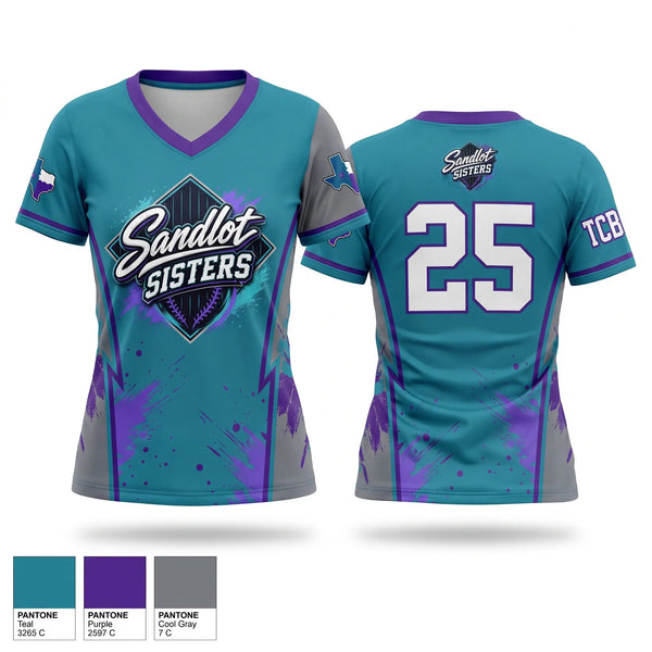 Womens Short Sleeve Vneck Shirt, Sandlot Sisters, Softball, Teamtime, Team time, sublimation, custom sports apparel, team uniforms, spirit wear, spiritwear, sports uniforms, custom shirts, team store, custom team store, fundraiser sports, apparel fundraiser