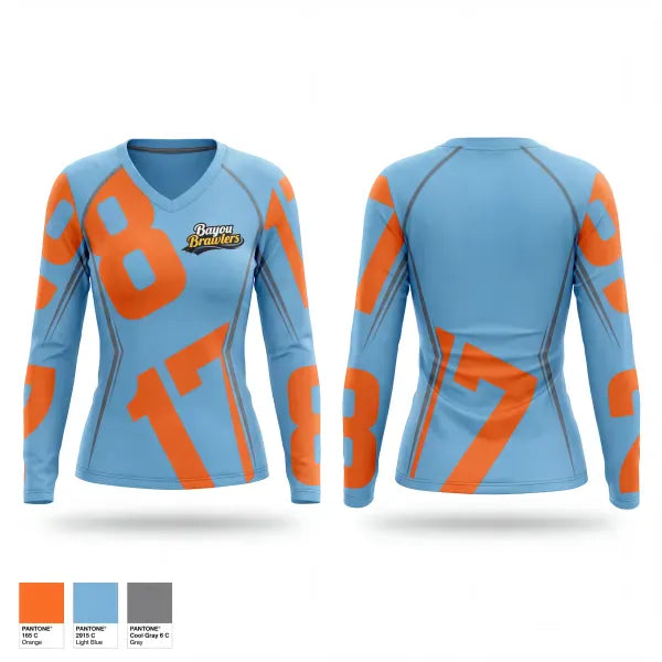 Womens Long Sleeve Vneck Shirt, Satsuma Bayou Brawlers, Softball, Teamtime, Team time, sublimation, custom sports apparel, team uniforms, spirit wear, spiritwear, sports uniforms, custom shirts, team store, custom team store, fundraiser sports, apparel fundraiser