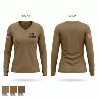 Womens Long Sleeve Vneck Shirt, A co 1/38 inf, Army, Teamtime, Team time, sublimation, custom sports apparel, team uniforms, spirit wear, spiritwear, sports uniforms, custom shirts, team store, custom team store, fundraiser sports, apparel fundraiser