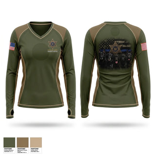 Womens Long Sleeve Vneck Shirt, Schenectady County Sheriff K9, Police, Teamtime, Team time, sublimation, custom sports apparel, team uniforms, spirit wear, spiritwear, sports uniforms, custom shirts, team store, custom team store, fundraiser sports, apparel fundraiser