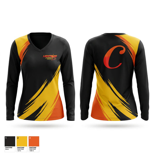 Womens Long Sleeve Vneck Shirt, Lightning Force Athletics, Track & Field, Teamtime, Team time, sublimation, custom sports apparel, team uniforms, spirit wear, spiritwear, sports uniforms, custom shirts, team store, custom team store, fundraiser sports, apparel fundraiser