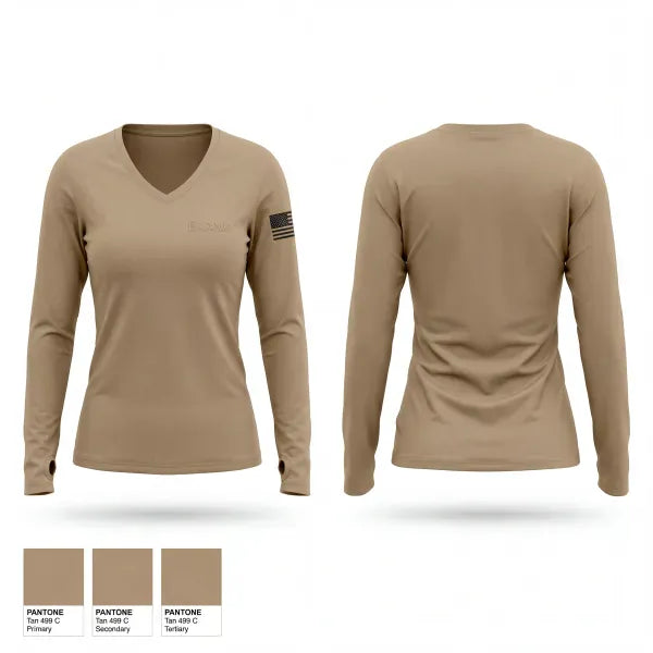 Womens Long Sleeve Vneck Shirt, blank, Army, Teamtime, Team time, sublimation, custom sports apparel, team uniforms, spirit wear, spiritwear, sports uniforms, custom shirts, team store, custom team store, fundraiser sports, apparel fundraiser