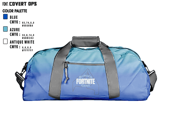 Duffle Bag, Fortnite Burger Gang, E-Sports, Teamtime, Team time, sublimation, custom sports apparel, team uniforms, spirit wear, spiritwear, sports uniforms, custom shirts, team store, custom team store, fundraiser sports, apparel fundraiser