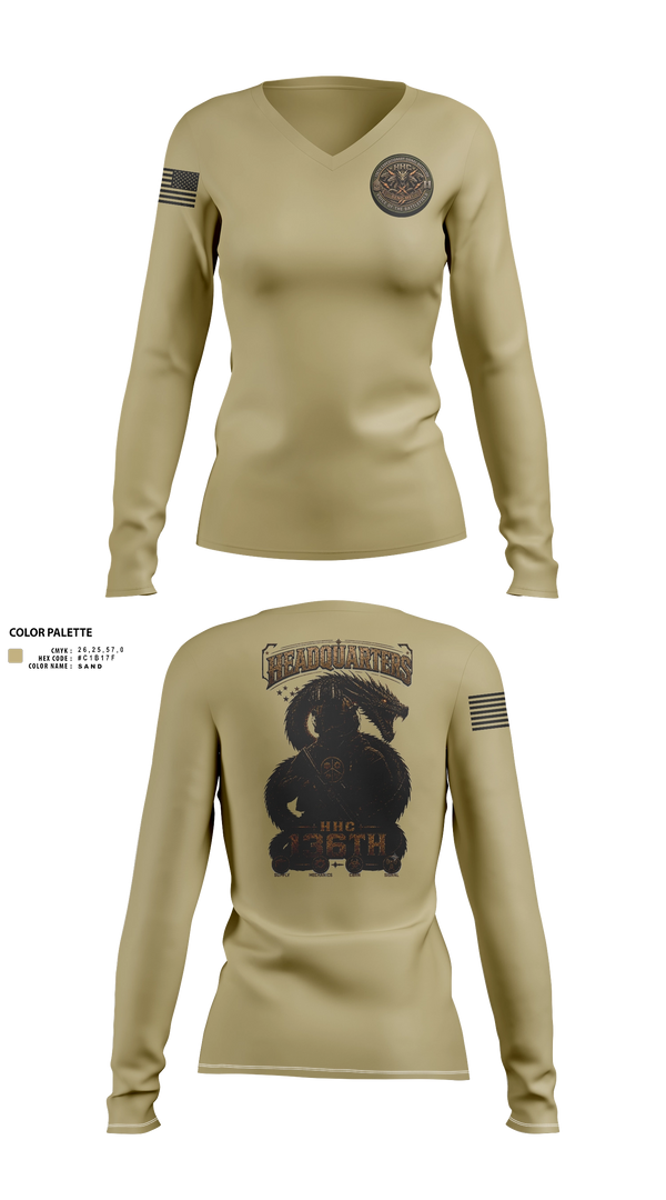 Womens Long Sleeve Vneck Shirt, HHC 136th ESB, Army, Teamtime, Team time, sublimation, custom sports apparel, team uniforms, spirit wear, spiritwear, sports uniforms, custom shirts, team store, custom team store, fundraiser sports, apparel fundraiser