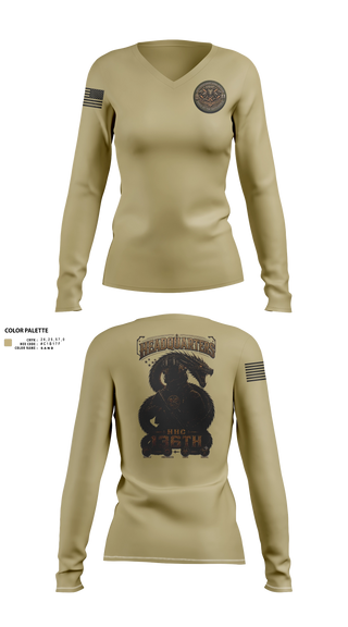 Womens Long Sleeve Vneck Shirt, HHC 136th ESB, Army, Teamtime, Team time, sublimation, custom sports apparel, team uniforms, spirit wear, spiritwear, sports uniforms, custom shirts, team store, custom team store, fundraiser sports, apparel fundraiser