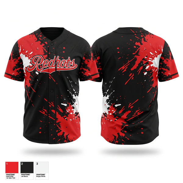 Full Button Baseball Jersey, Redhots, Baseball, Teamtime, Team time, sublimation, custom sports apparel, team uniforms, spirit wear, spiritwear, sports uniforms, custom shirts, team store, custom team store, fundraiser sports, apparel fundraiser