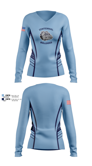 Womens Long Sleeve Vneck Shirt, Centennial Bulldogs, Marines, Teamtime, Team time, sublimation, custom sports apparel, team uniforms, spirit wear, spiritwear, sports uniforms, custom shirts, team store, custom team store, fundraiser sports, apparel fundraiser