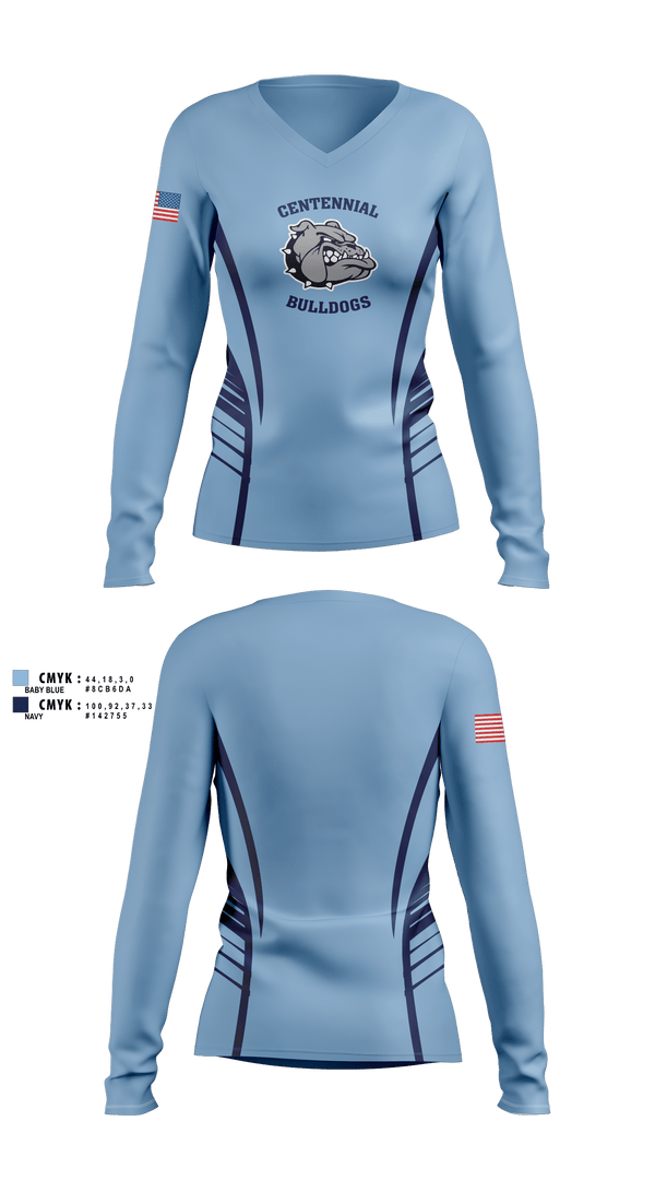 Womens Long Sleeve Vneck Shirt, Centennial Bulldogs, Marines, Teamtime, Team time, sublimation, custom sports apparel, team uniforms, spirit wear, spiritwear, sports uniforms, custom shirts, team store, custom team store, fundraiser sports, apparel fundraiser