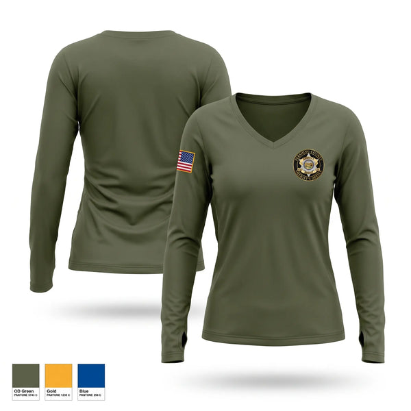 Womens Long Sleeve Vneck Shirt, Pershing County Sheriff’s Office, Police, Teamtime, Team time, sublimation, custom sports apparel, team uniforms, spirit wear, spiritwear, sports uniforms, custom shirts, team store, custom team store, fundraiser sports, apparel fundraiser