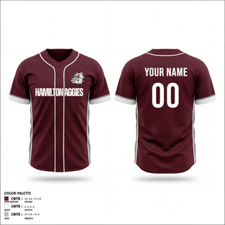 Full Button Baseball Jersey, Hamilton Aggies, Baseball, Teamtime, Team time, sublimation, custom sports apparel, team uniforms, spirit wear, spiritwear, sports uniforms, custom shirts, team store, custom team store, fundraiser sports, apparel fundraiser