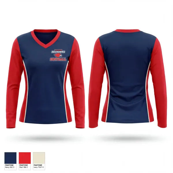 Womens Long Sleeve Vneck Shirt, Frontier Redhawks, Softball, Teamtime, Team time, sublimation, custom sports apparel, team uniforms, spirit wear, spiritwear, sports uniforms, custom shirts, team store, custom team store, fundraiser sports, apparel fundraiser