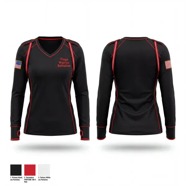 Womens Long Sleeve Vneck Shirt, Tioga Warrior Battalion, Army, Teamtime, Team time, sublimation, custom sports apparel, team uniforms, spirit wear, spiritwear, sports uniforms, custom shirts, team store, custom team store, fundraiser sports, apparel fundraiser