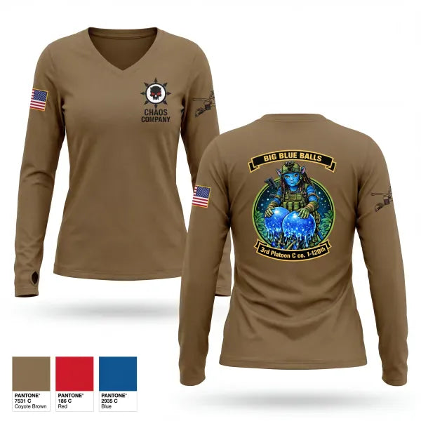 Womens Long Sleeve Vneck Shirt, C. Co. 1-120 3rd PLT, Army, Teamtime, Team time, sublimation, custom sports apparel, team uniforms, spirit wear, spiritwear, sports uniforms, custom shirts, team store, custom team store, fundraiser sports, apparel fundraiser