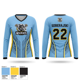 Womens Long Sleeve Vneck Shirt, Wildcats, Women's Lacrosse, Teamtime, Team time, sublimation, custom sports apparel, team uniforms, spirit wear, spiritwear, sports uniforms, custom shirts, team store, custom team store, fundraiser sports, apparel fundraiser