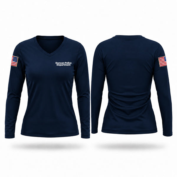 Womens Long Sleeve Vneck Shirt, Duncan Police Department, Police, Teamtime, Team time, sublimation, custom sports apparel, team uniforms, spirit wear, spiritwear, sports uniforms, custom shirts, team store, custom team store, fundraiser sports, apparel fundraiser
