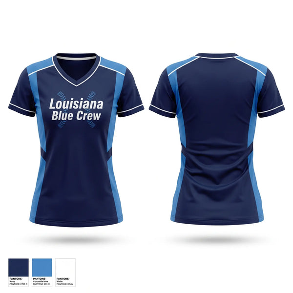 Womens Short Sleeve Vneck Shirt, Louisiana Blue Crew, Baseball, Teamtime, Team time, sublimation, custom sports apparel, team uniforms, spirit wear, spiritwear, sports uniforms, custom shirts, team store, custom team store, fundraiser sports, apparel fundraiser