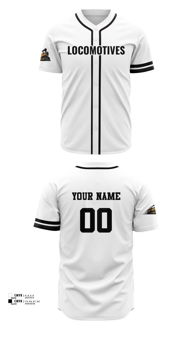 Full Button Baseball Jersey, Lima Locomotives, Army, Teamtime, Team time, sublimation, custom sports apparel, team uniforms, spirit wear, spiritwear, sports uniforms, custom shirts, team store, custom team store, fundraiser sports, apparel fundraiser