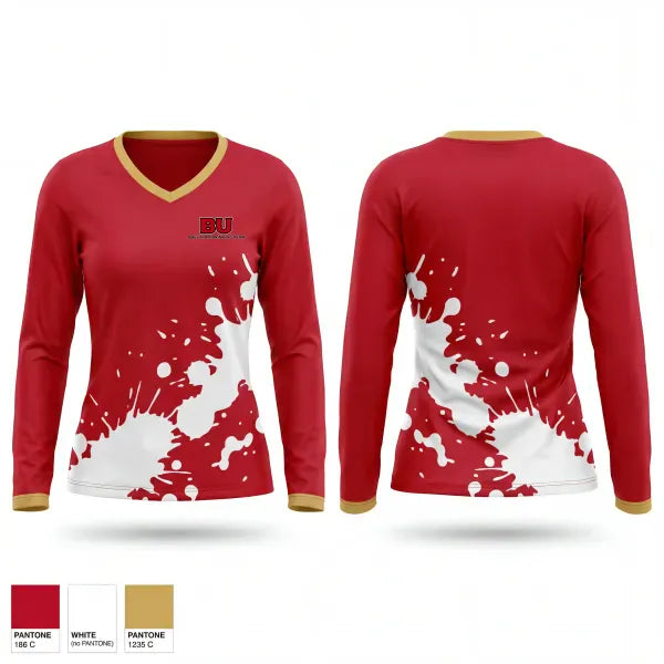 Womens Long Sleeve Vneck Shirt, BU Questrom Drinking Team, , Teamtime, Team time, sublimation, custom sports apparel, team uniforms, spirit wear, spiritwear, sports uniforms, custom shirts, team store, custom team store, fundraiser sports, apparel fundraiser