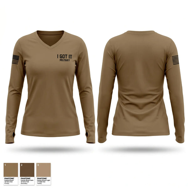 Womens Long Sleeve Vneck Shirt, I GOT IT, Army, Teamtime, Team time, sublimation, custom sports apparel, team uniforms, spirit wear, spiritwear, sports uniforms, custom shirts, team store, custom team store, fundraiser sports, apparel fundraiser